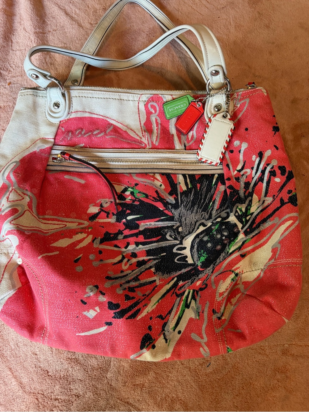 Coach Canvas Floral Tote in Coral with White Trim